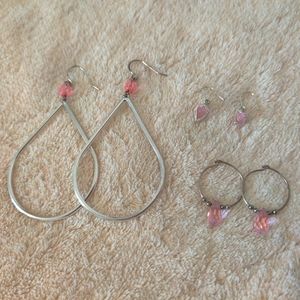 3 pairs of silver and pink earrings